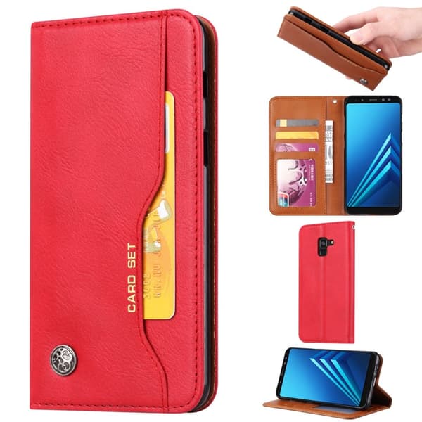 Samsung Galaxy A8 (2018) PU Nahka lompakko jalusta suojakotelo - Punainen Red