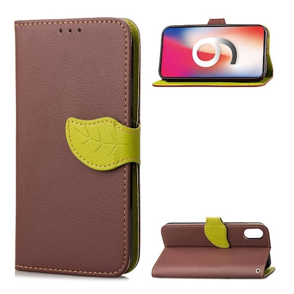 iPhone Xr lehti muotoisella lukolla koristeltu synteetti nahkainen lompakko suojakotelo - Ruskea Brown