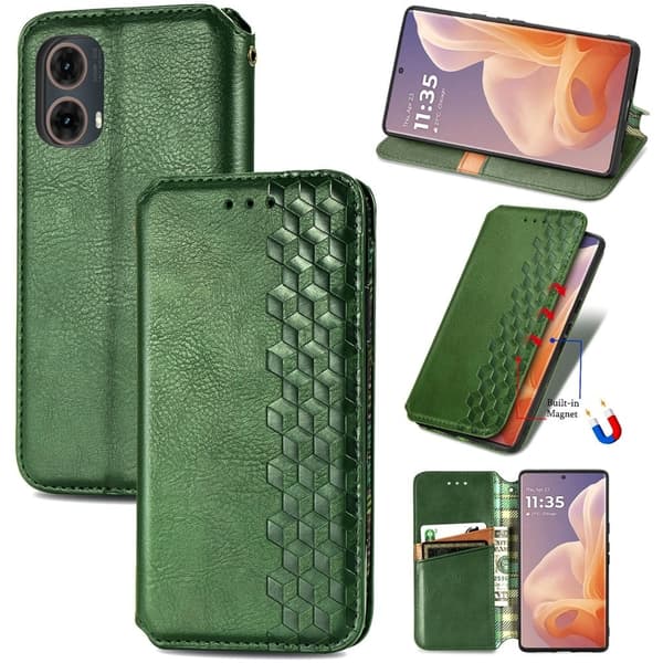 Läder Motorola Moto G85 fodral med romb-design - Grön Grön
