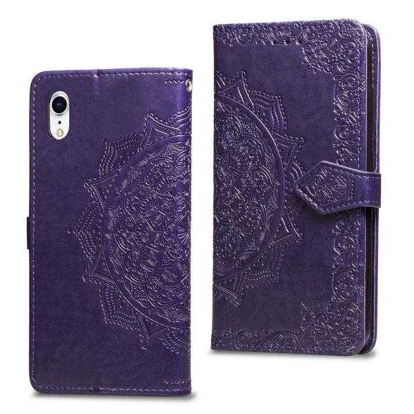 iPhone Xr Mandala blomst aftryk læder flip cover - Lilla Purple