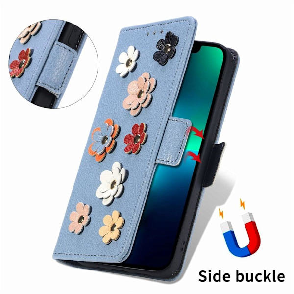 Mjukt läder iPhone 13 Pro fodral med blomdekor - Blå Blå