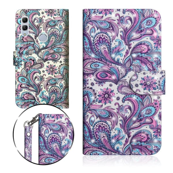 Huawei P Smart 2019 lysspot dekoreret læder flip etui - Paisley Blomst Multicolor