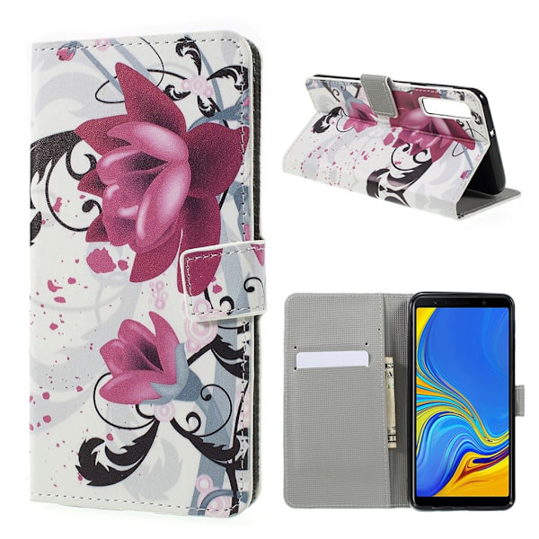 Samsung Galaxy A7 (2018) kuviollinen synteetti nahkainen lompakko kotelo kortti ja seteli paikoilla - Violetti Kukka Purple