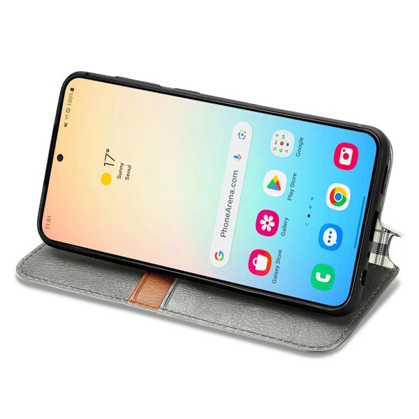 Läder Samsung Galaxy S25 fodral med romb-design - Grå Silvergrå