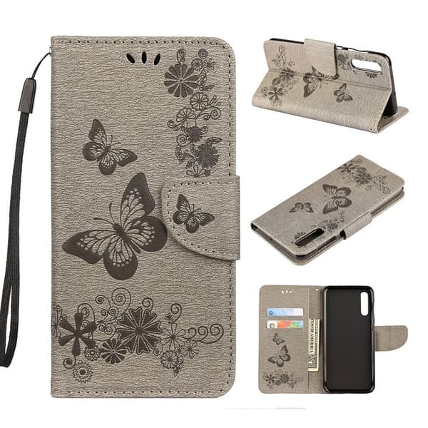 Butterfly Samsung Galaxy A50 nahkakotelo - Harmaa Silver grey