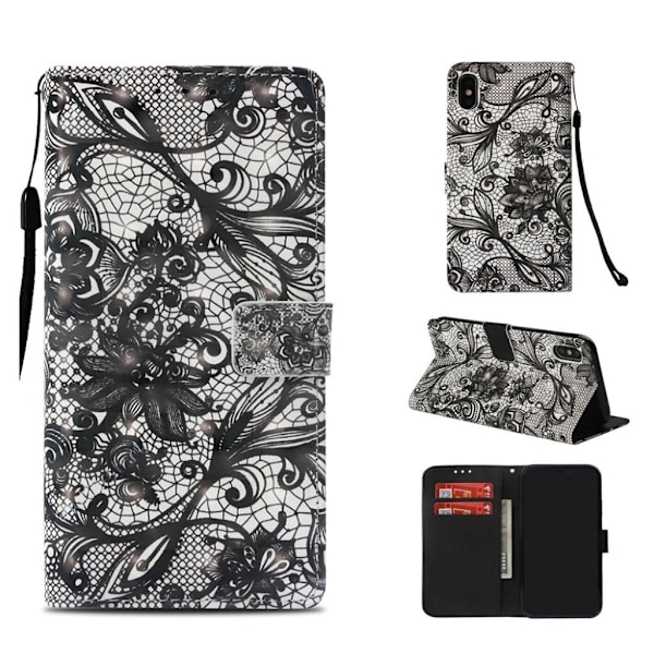 iPhone Xs Max mønstret læder flip cover - Sort Blomst Black