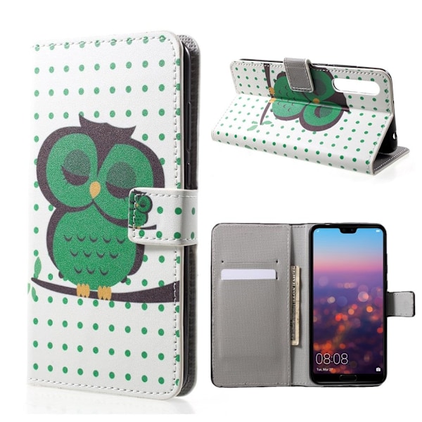 Huawei P20 Printet Mønster PU læder flip etui - Grøn sovende Ugle Multicolor