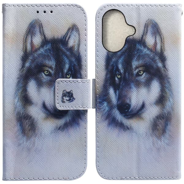 iPhone 16 Etui med pung Pattern Print Leather Phone Cover - Ulv Blue