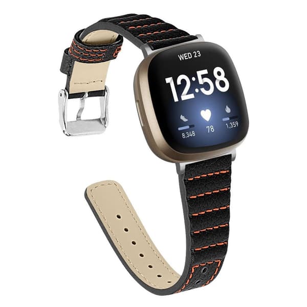 Fitbit Sense / Versa 3 thread ægte læder rem - sort Black
