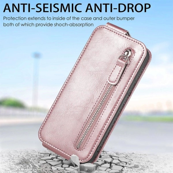 Vertical Flip Phone Etui med Zipper til Google Pixel 7 - Rødguld Pink