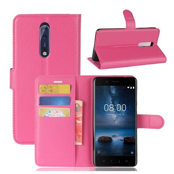 Nokia 8 Litchi skind læder etui - Rosa Pink