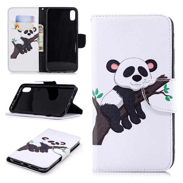 iPhone Xs Max læder flip cover med mønsterprint - Panda Klatrer I Træet Multicolor