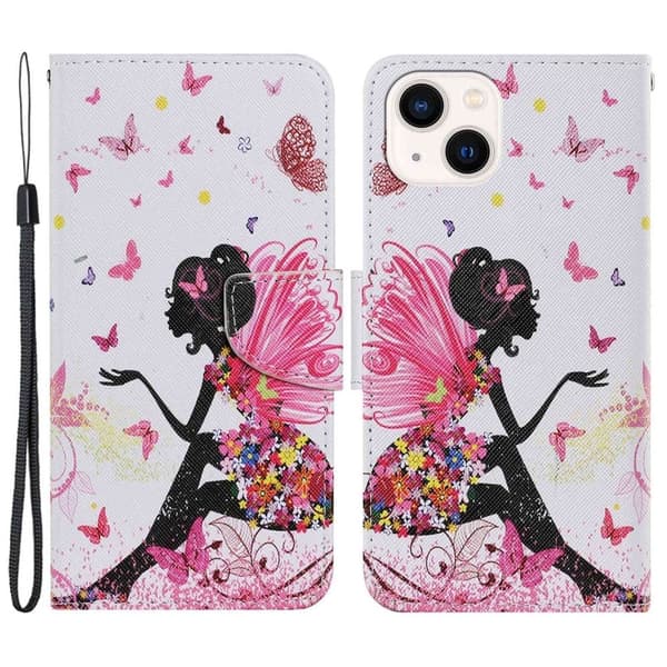 iPhone 14 Plus Cross Texture Vegansk Læder Case Pattern Printing Foldable Stand Phone Wallet Full Protection Case - Fe Pink