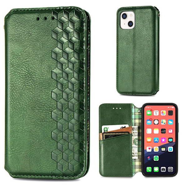 Läder iPhone 13 Mini fodral med romb-design - Grön Grön
