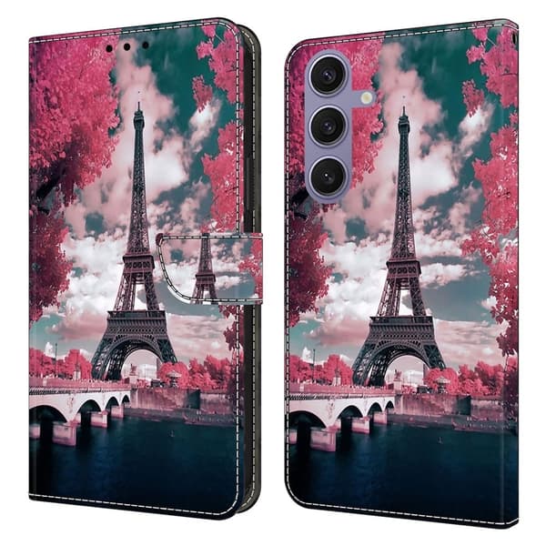 Samsung Galaxy S25+ Plånboksfodral Mönster Tryck Stativ Läder Flip Telefonskal - Eiffeltornet Rosa