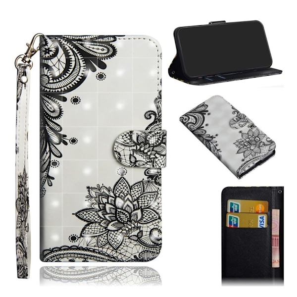 iPhone Xr læder flip cover med mønsterprint - Sort Blomst Black