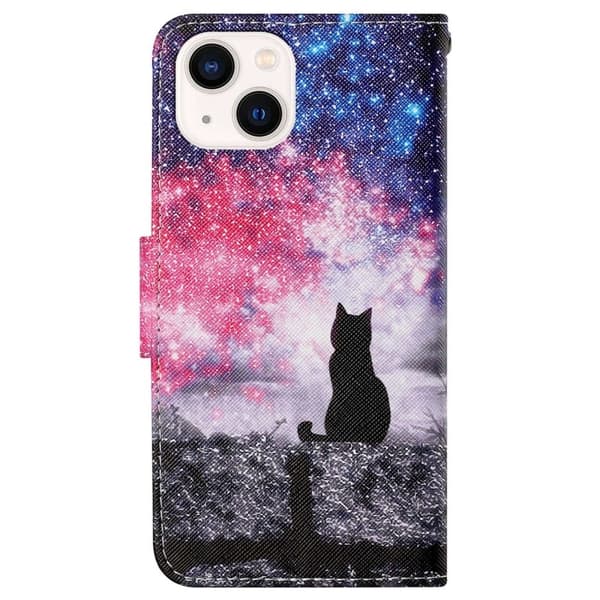 Wonderland iPhone 14 Plus Läppäkotelo - Starry Sky / Kissa Multicolor