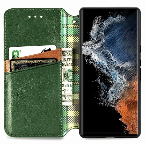 Läderfodral med A Snygg Rhombus Avtryck till Samsung Galaxy S23 Ultra - Grön Grön