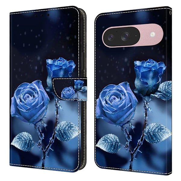 Google Pixel 9 / 9 Pro plånboksfodral mönstrat tryck stativ läder flip telefonskal - Blå Rosor Blå