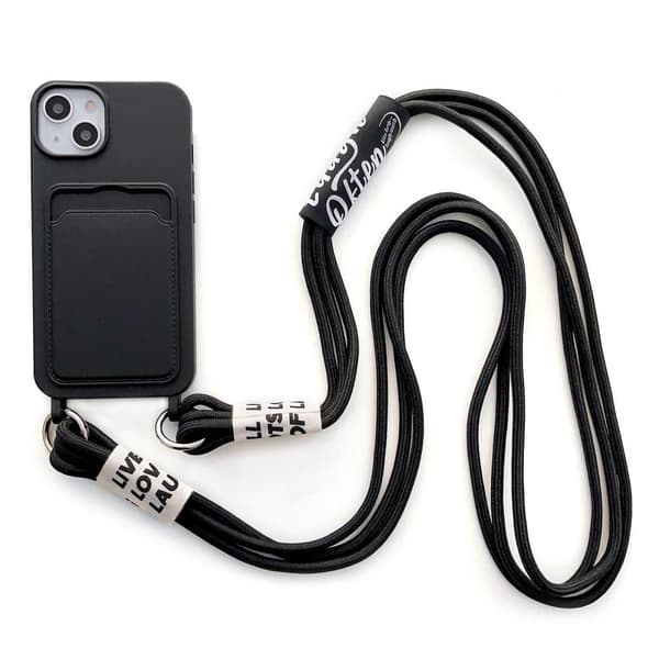 iPhone 14 Plus silikonisuojus korttipaikalla ja hihnalla - Musta Black