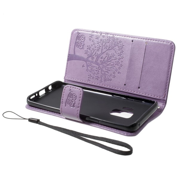 Samsung Galaxy S9 stemplet Træ ugle PU læder flip etui - Lyselilla Purple