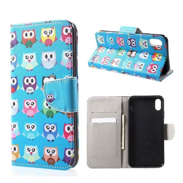 iPhone XR mobilfodral silikon syntetläder stående plånbok - Multipla ugglor multifärg