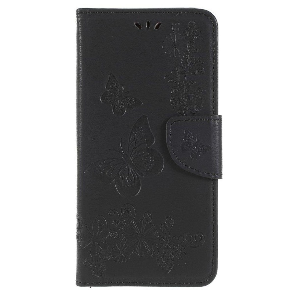 Samsung Galaxy A8 (2018) imprinted sommerfugl Blomster PU læder flip etui - Sort Black