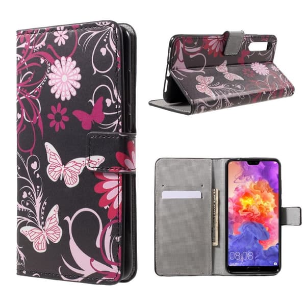 Huawei P20 Pro mønstret PU læder flip etui - sommerfugl og blomst Multicolor