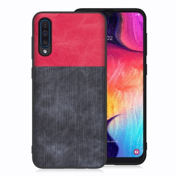Samsung Galaxy A50 jeans tekstur etui - Rød / Mørkeblå Red