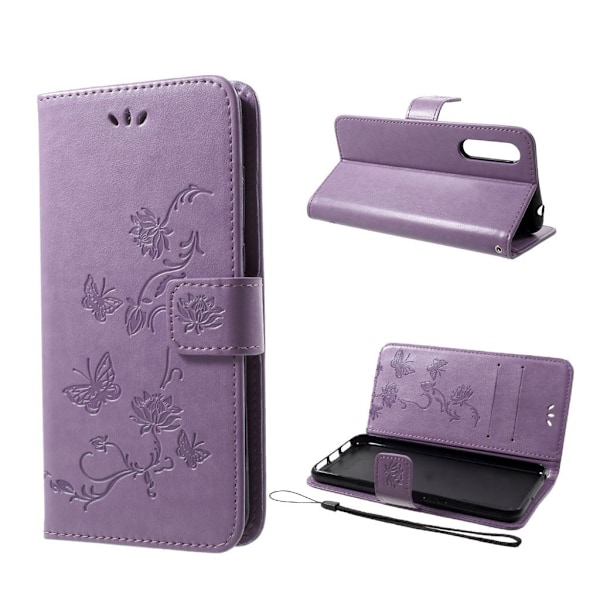 Huawei P20 Pro stemplet sommerfugl blomster PU læder flip etui - Lyselilla Purple