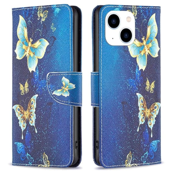 Wonderland iPhone 14 flip etui - Gyldne Sommerfugle Blue