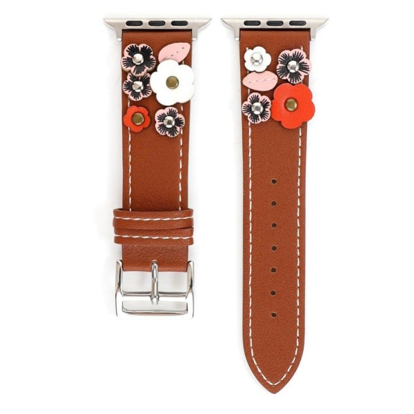 Apple Watch Series 5 40mm klockarmband i äkta läder med blomsterdekor - Brun Brun