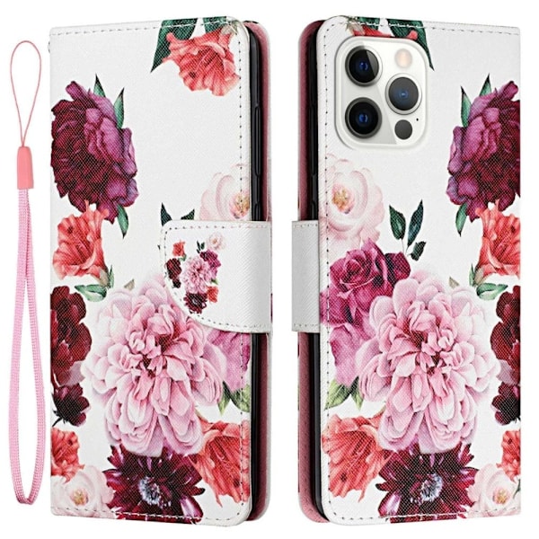 Vegansk lædermønstertryk til iPhone 14 Pro Max, Cross Texture Stand Wallet Folio Flip Phone Cover med håndrem - Peon Pink