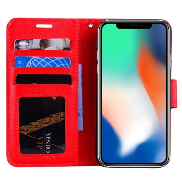 iPhone Xs Max litchifrukts kornigt syntetläder plånboks mobilfod Röd