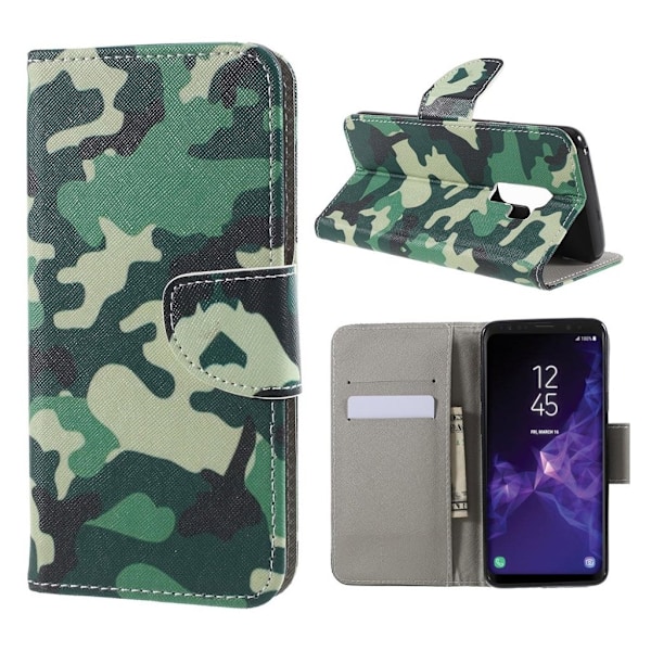 Samsung Galaxy S9 Plus mønstret grynet PU læder flip etui - Camouflage Stof Multicolor