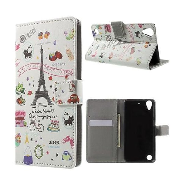 Holberg læder-etui til HTC Desire 530 med kortholder og stander - Eiffeltårnet og lækkerier Multicolor