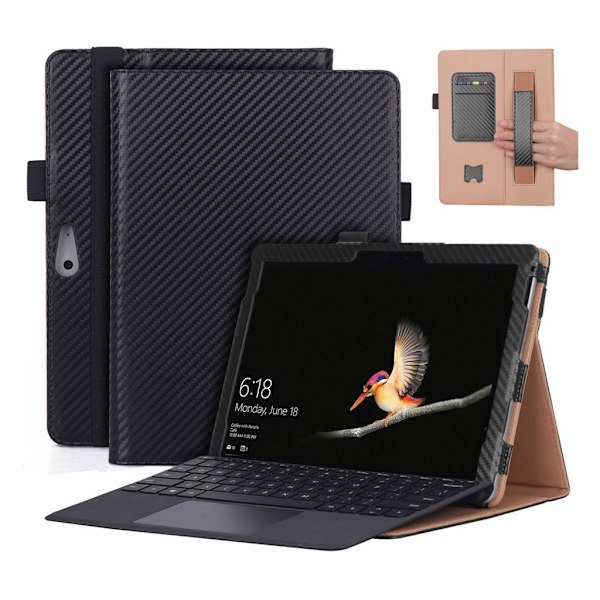 Microsoft Surface Go 10 WY-1537 tablett fodral av kolfiber borstat syntet läder med kort samt sedel fickor - Svart Svart