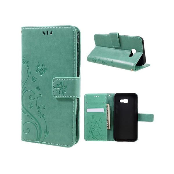 Samsung Galaxy A5 (2017) læder-etui med sommerfugleprint - Turkis Green