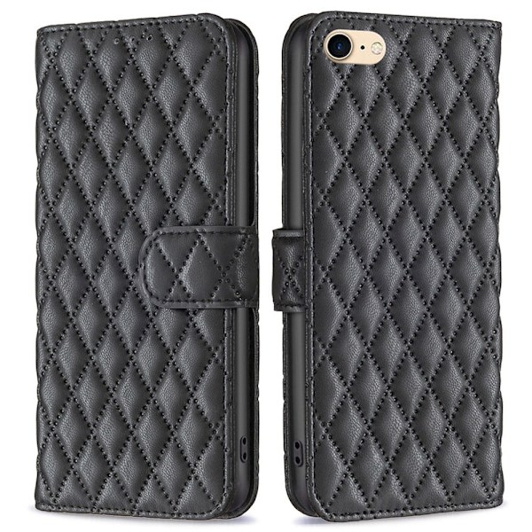 BINFEN COLOR iPhone 7 / 8 / SE (2020) / SE (2022) BF Style-14 Imprinted Rhombus Pattern Case Horizontal Stand Matte Vegansk Læder Wallet Cover - Sort Black