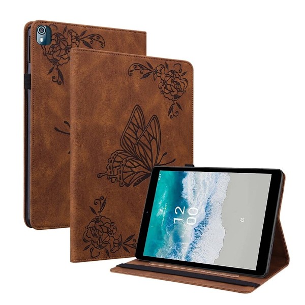 Läderfodral med fjärilsblommönster för Nokia T10 (2022) - Brun Brun