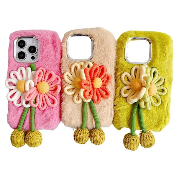 iPhone 16 Pro Case Two Flowers Decor Outer Fluffy Plush Inner Flexible Phone Cover - Pink Pink