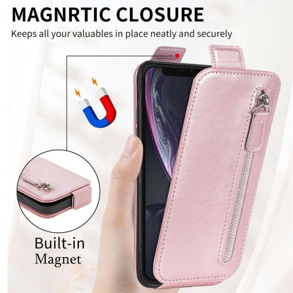 Vertical Flip Phone Suojakotelo With Zipper For iPhone Xr - Ruusukulta Pink