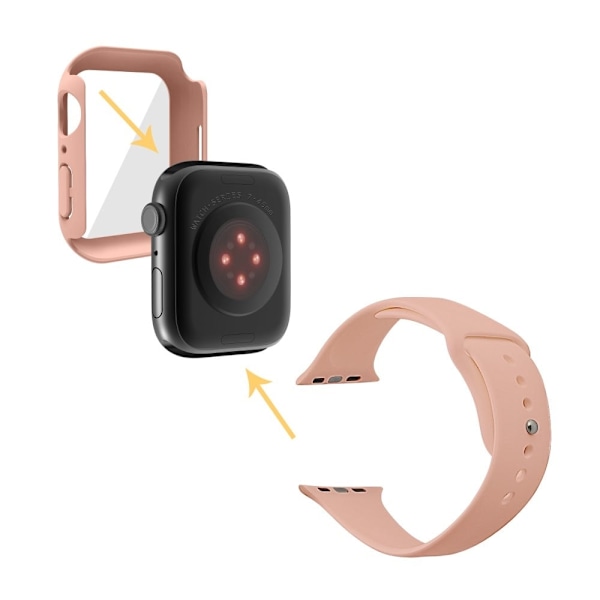 Apple Watch (45 mm) klockarmband i silikon + fodral med härdat glas - Rosa / Storlek: S / M Rosa