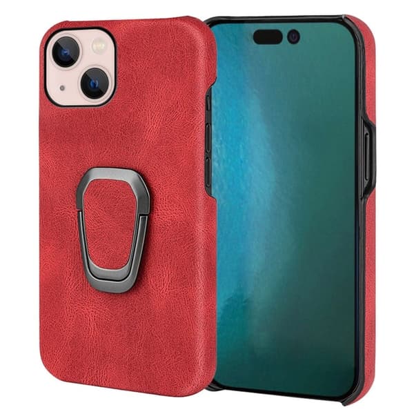 Stødsikkert lædercover med oval støttefod til iPhone 14 - Rød Red