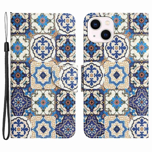Mønsterudskrivning Magnetisk lås Telefoncover iPhone 14, Cross Texture Vegansk Læder Wallet Stand Beskyttelsesetui - Retro Totem Multicolor