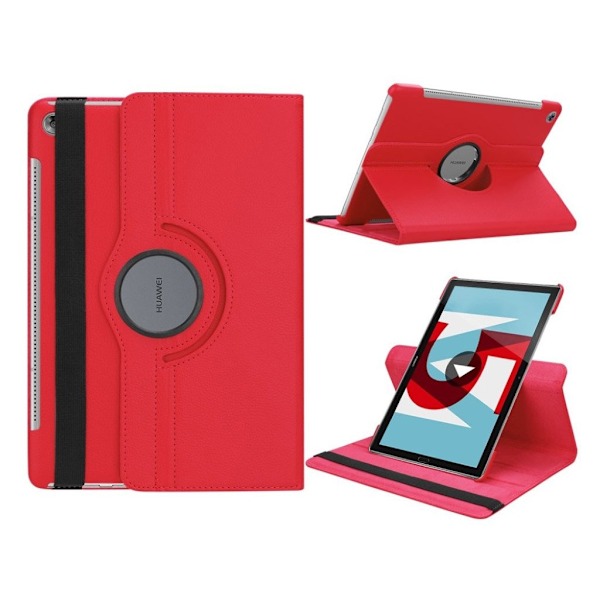 Huawei MediaPad M5 10 beskyttelsesetui i kunstlæder med Litchi overflade. Med stativ og elastisk rem - Rød Red