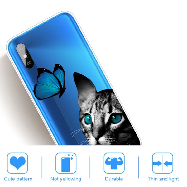 Deco Xiaomi Redmi 9A Etui - Katt og Sommerfugl Silver grey