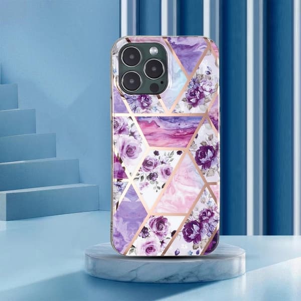 Marble iPhone 15 Pro Max Etui - Lilla Blomster / Marmor Purple