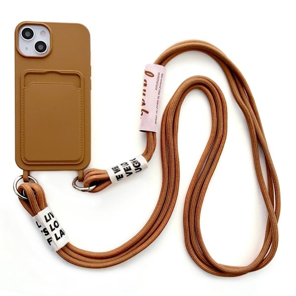 iPhone 14 Plus silikonisuojus korttipaikalla ja hihnalla - Ruskea Brown
