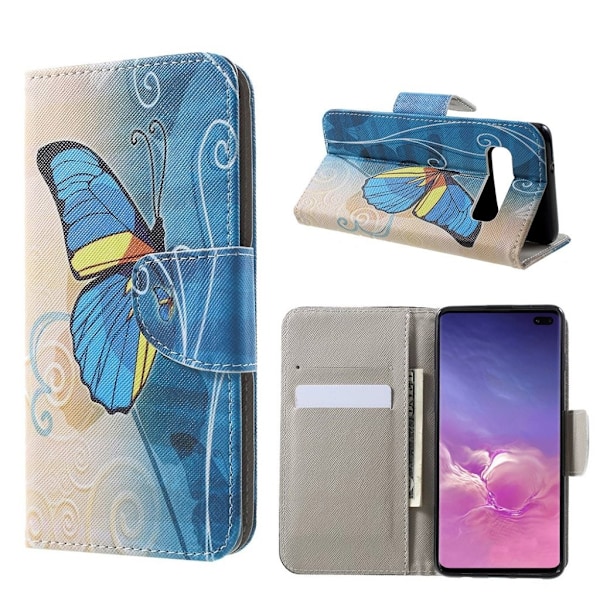 Samsung Galaxy S10 Plus risti pintainen nahkainen flip suojakotelo - Sininen Perhonen Blue